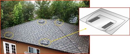 Image of roof with several O'Hagin roof vents being used for both intake and exhaust.