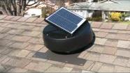 Image of a solar powered attic exhasut fan mounted on a roof.